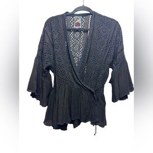 Johnny Was 90s boho whimsigoth eyelet flowy wrap tie blouse